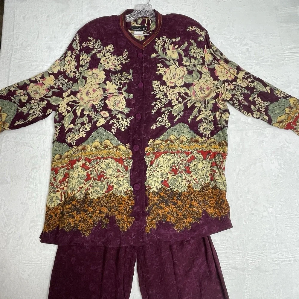 Vintage Carole Little  Size 20 ~ 2 Piece Pants Set Burgundy with‎ floral